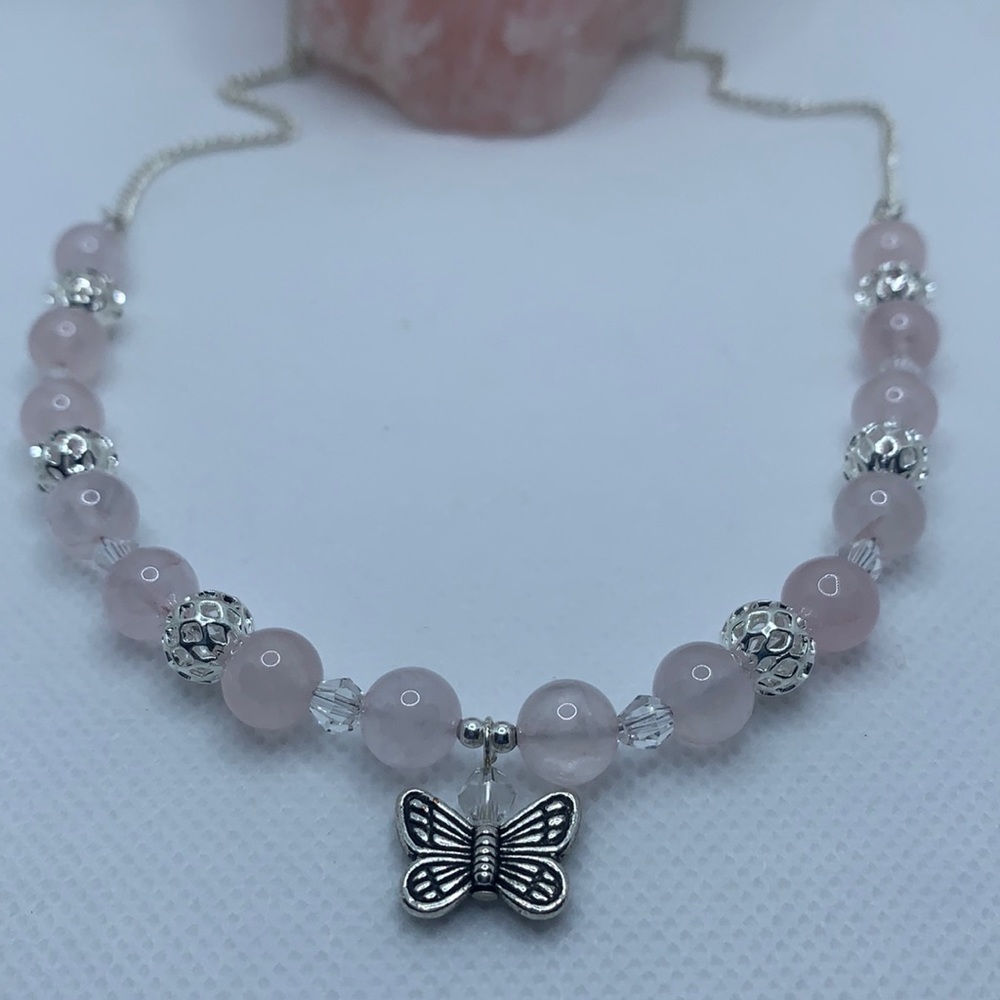 Handmade Rose Quartz Semiprecious Stone Silver Plated Necklace Butterfly Charm